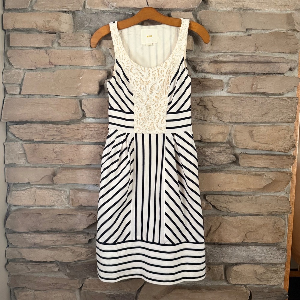 Anthropologie Maeve Lace Bodice Striped Fit Flare Dress Nautical Navy Ivory Sz 0